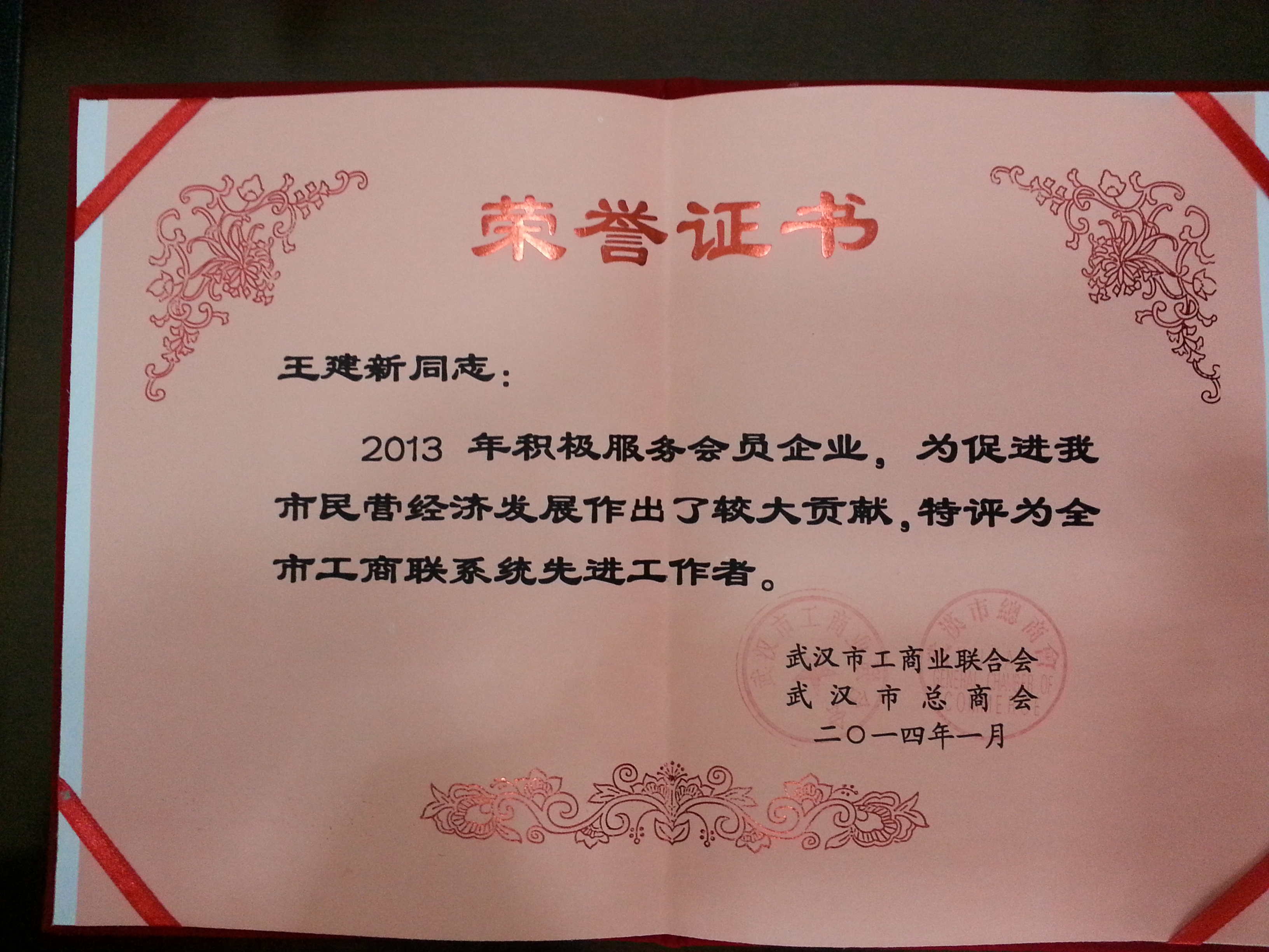 王建新董事被评为2013年度武汉市工商联系统“先进工作者”